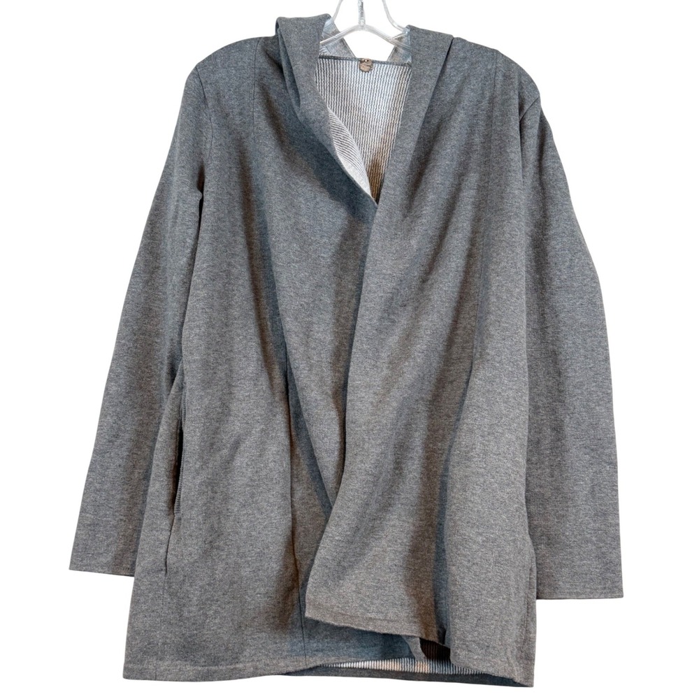 Margaret O'Leary Grey Cotton Hooded Open Front Cardigan Sweater Pockets Small
